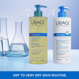 Uriage Xemose 1L bottle next to everyday items for scale and family-supply benefit