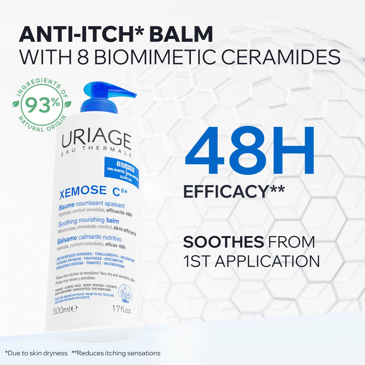 Uriage Xemose close-up of balm-to-oil texture, visibly non-greasy absorption benefit