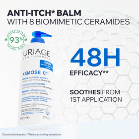 Uriage Xemose close-up of balm-to-oil texture, visibly non-greasy absorption benefit