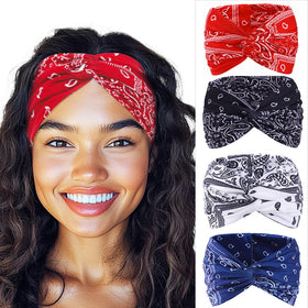 Urieo front view of red bandana headband showing bold print and fit benefit