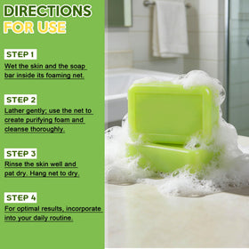 Urrznp soap applied to feet in shower showing cleansing for athlete's foot prone areas