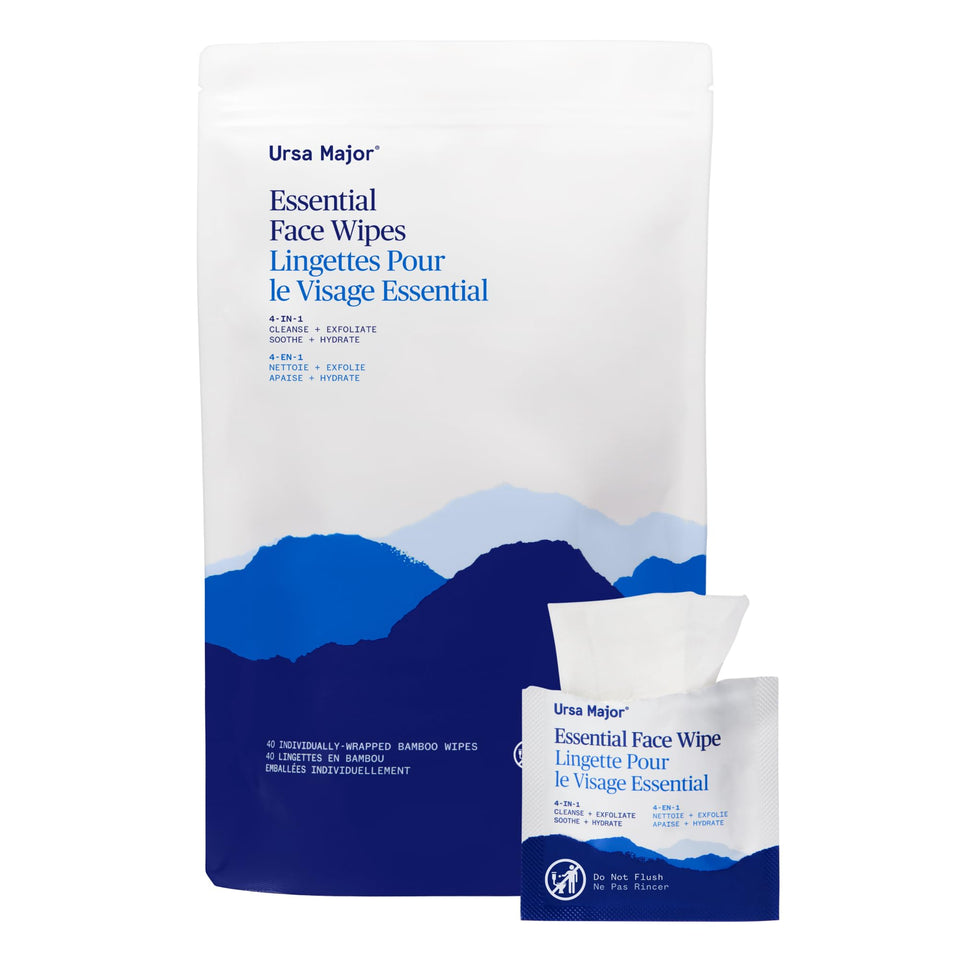 Ursa Major front packaging showing 40-count, natural cleansing wipes benefit quick cleansing
