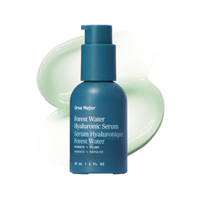 Ursa Major Forest Water front bottle showing clean recyclable glass packaging and hydration benefit