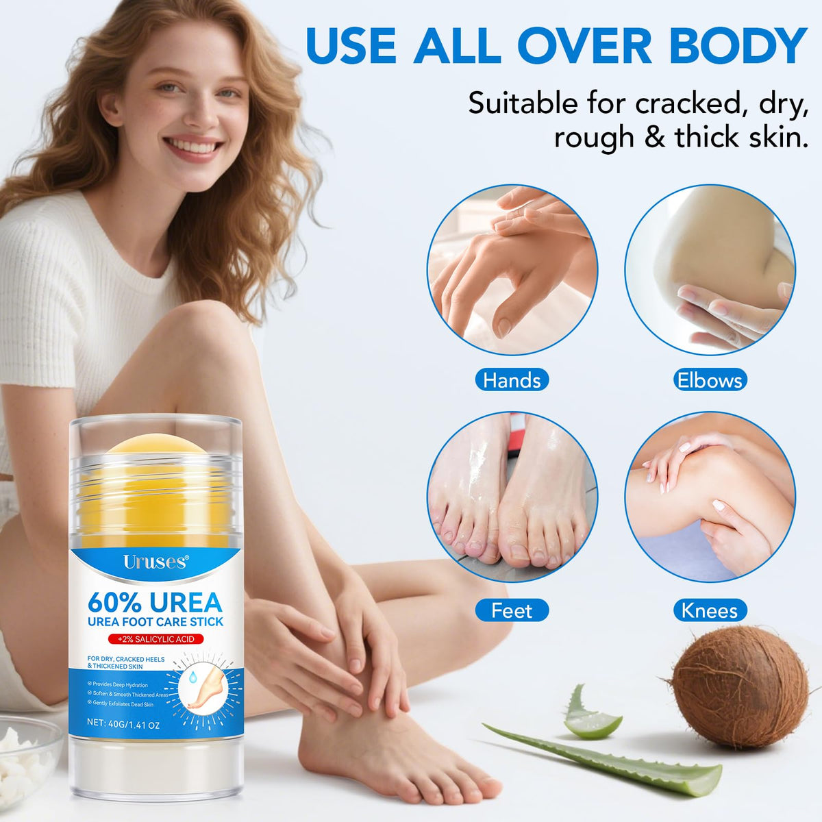 Uruses application on knee treating dry patch for visible softening benefit