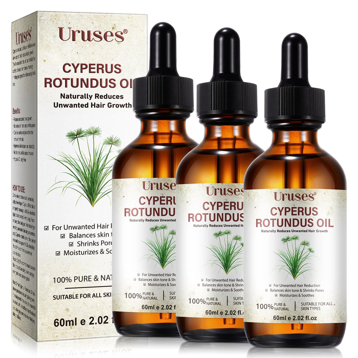 Uruses 3-pack front packaging shows bottles and benefits