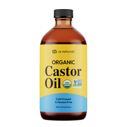 Us Naturals front glass bottle showcasing organic castor oil and sustainable design