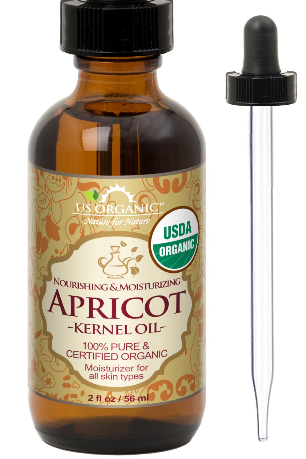 US Organic front label on 2 oz amber bottle showing product identity and USDA seal