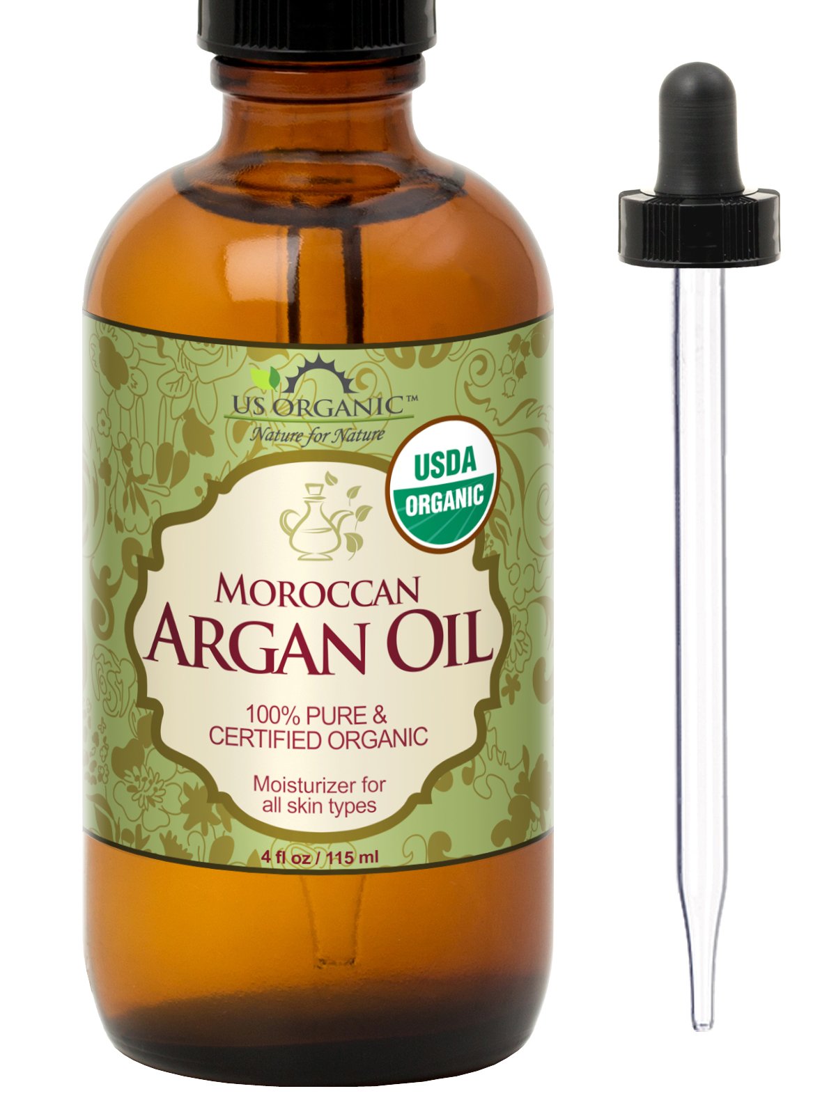 US Organic amber bottle front showing pure argan oil and label benefits