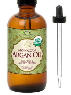 US Organic amber bottle front showing pure argan oil and label benefits