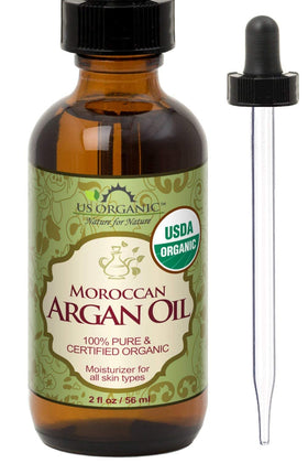 US Organic amber bottle front view showing pure argan oil for hair and skin benefits