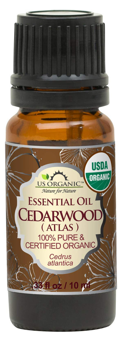 US Organic cedarwood front bottle showing clean packaging and organic seal benefits