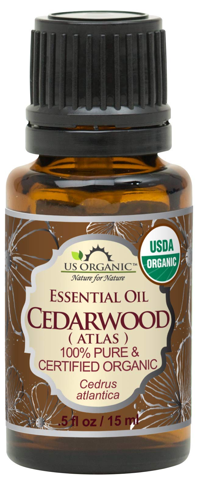 US Organic cedarwood front packaging showing bottle and label benefit pure certified oil