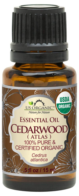 US Organic cedarwood front packaging showing bottle and label benefit pure certified oil
