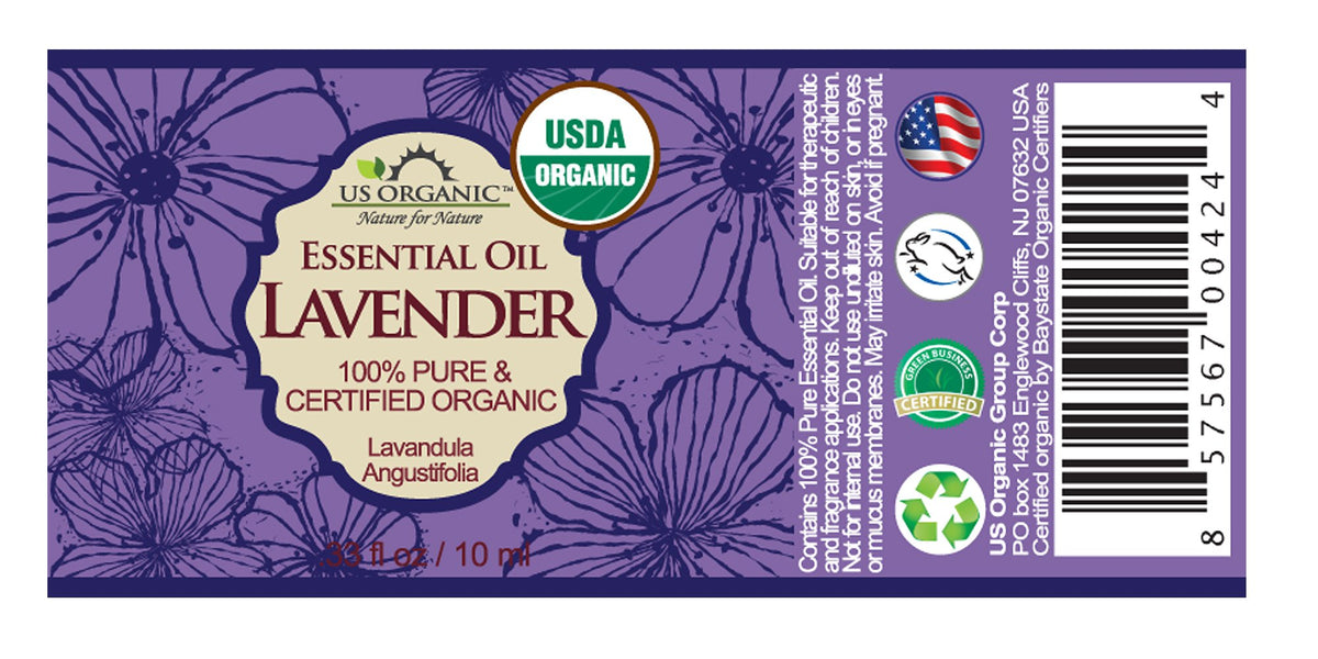 close-up of dark glass US Organic lavender bottle highlighting purity and safety
