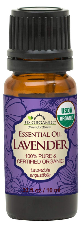 US Organic front label on 10ml lavender bottle showing certification and purity benefits