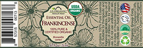US Organic myrrh label detail emphasizing USDA Organic seal and authenticity benefit