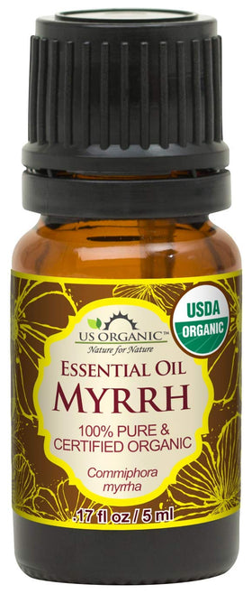 US Organic myrrh front packaging showing bottle and label benefits