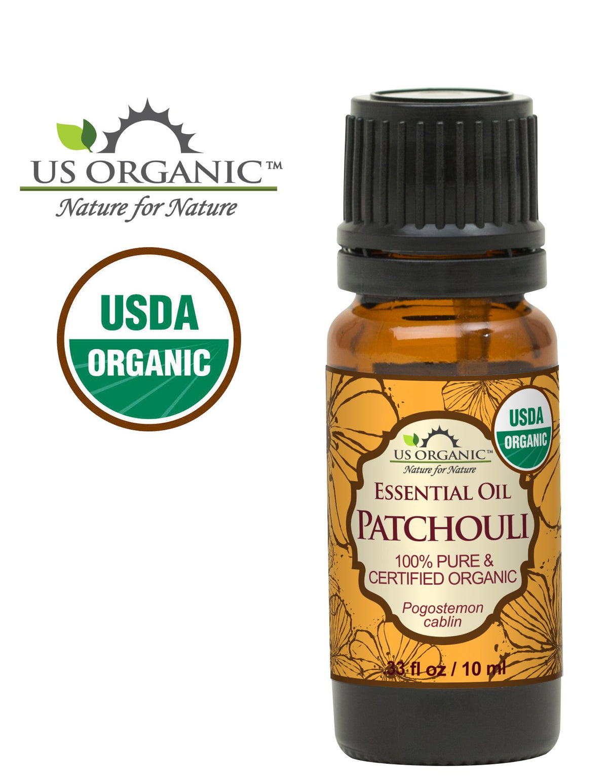 US Organic amber bottle side label highlighting organic certification and purity