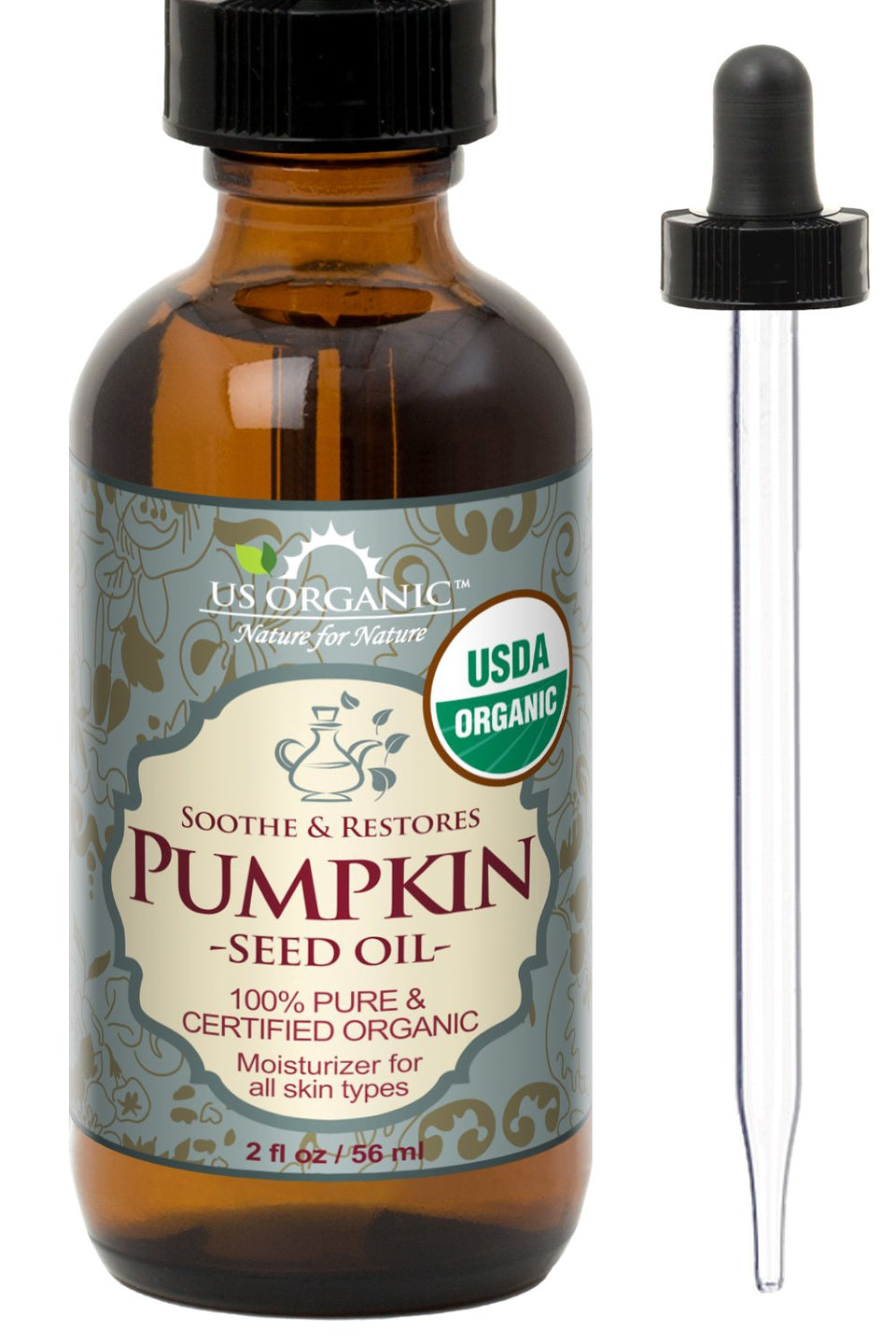 US Organic amber bottle front packaging showing clean label benefit of purity