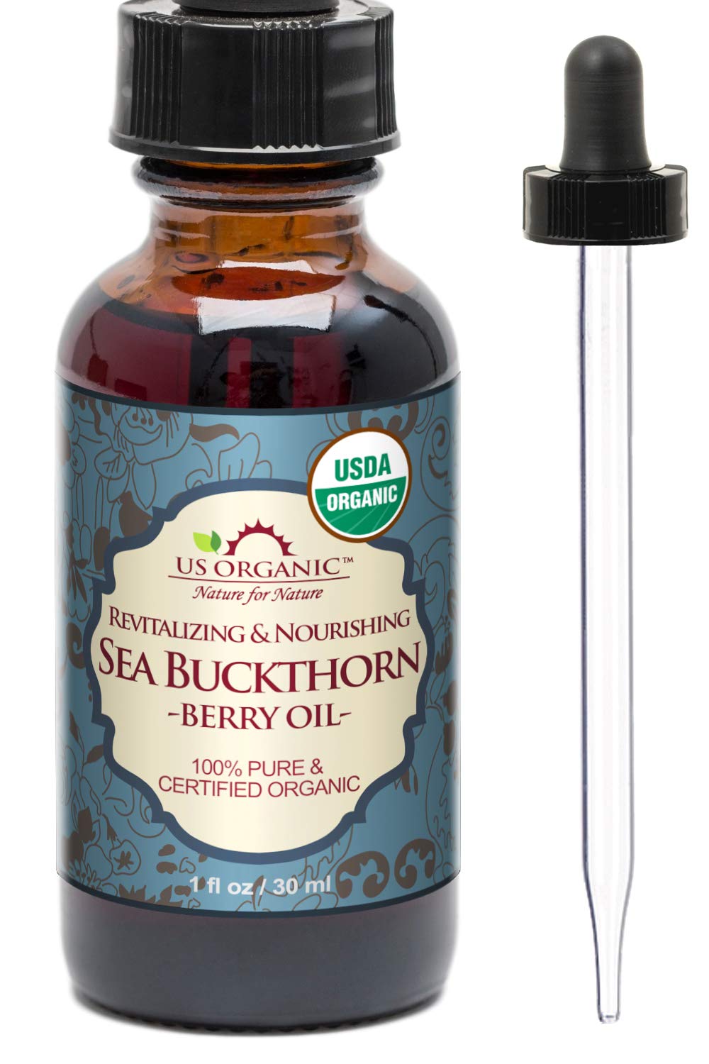 US Organic amber bottle front view showing pure sea buckthorn oil benefit nourishment