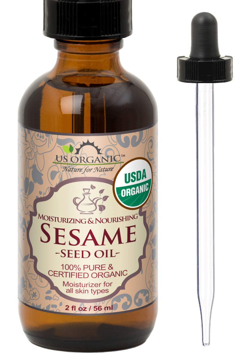 US Organic front packaging showing 2 oz amber bottle and clean label benefit clarity