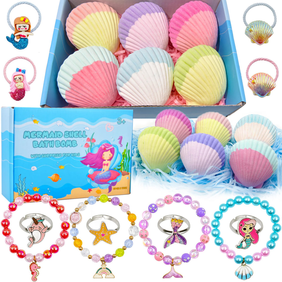 usand box front view showing six wrapped mermaid bath bombs and bright packaging benefit gifting
