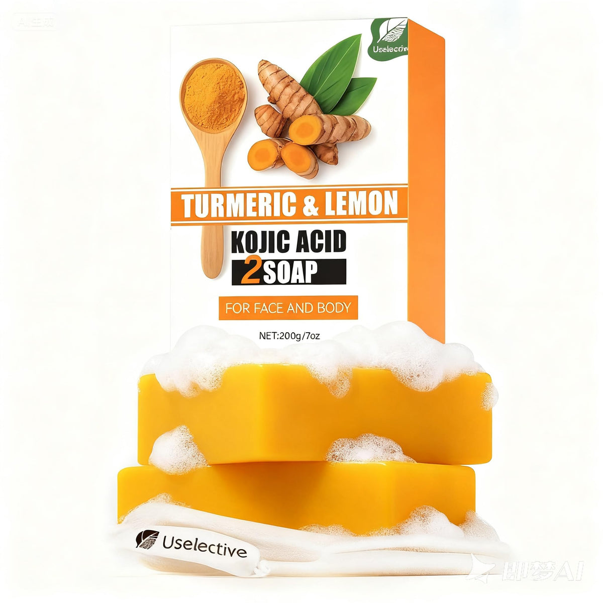 Uselective front packaging showing two glow soap bars and benefits