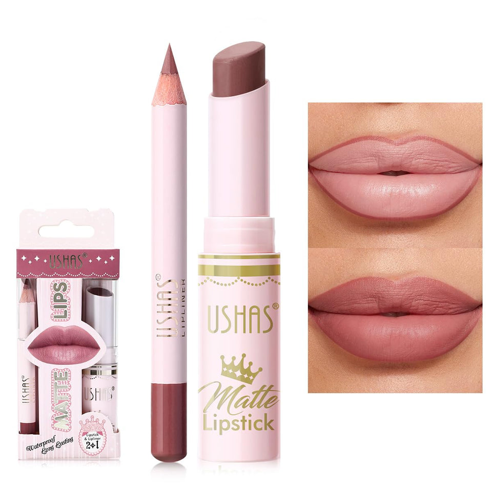 USHAS dual-ended pen front view showing both liner and lipstick tips for convenience