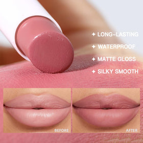 USHAS lip application demo on model showing defined liner and filled matte color