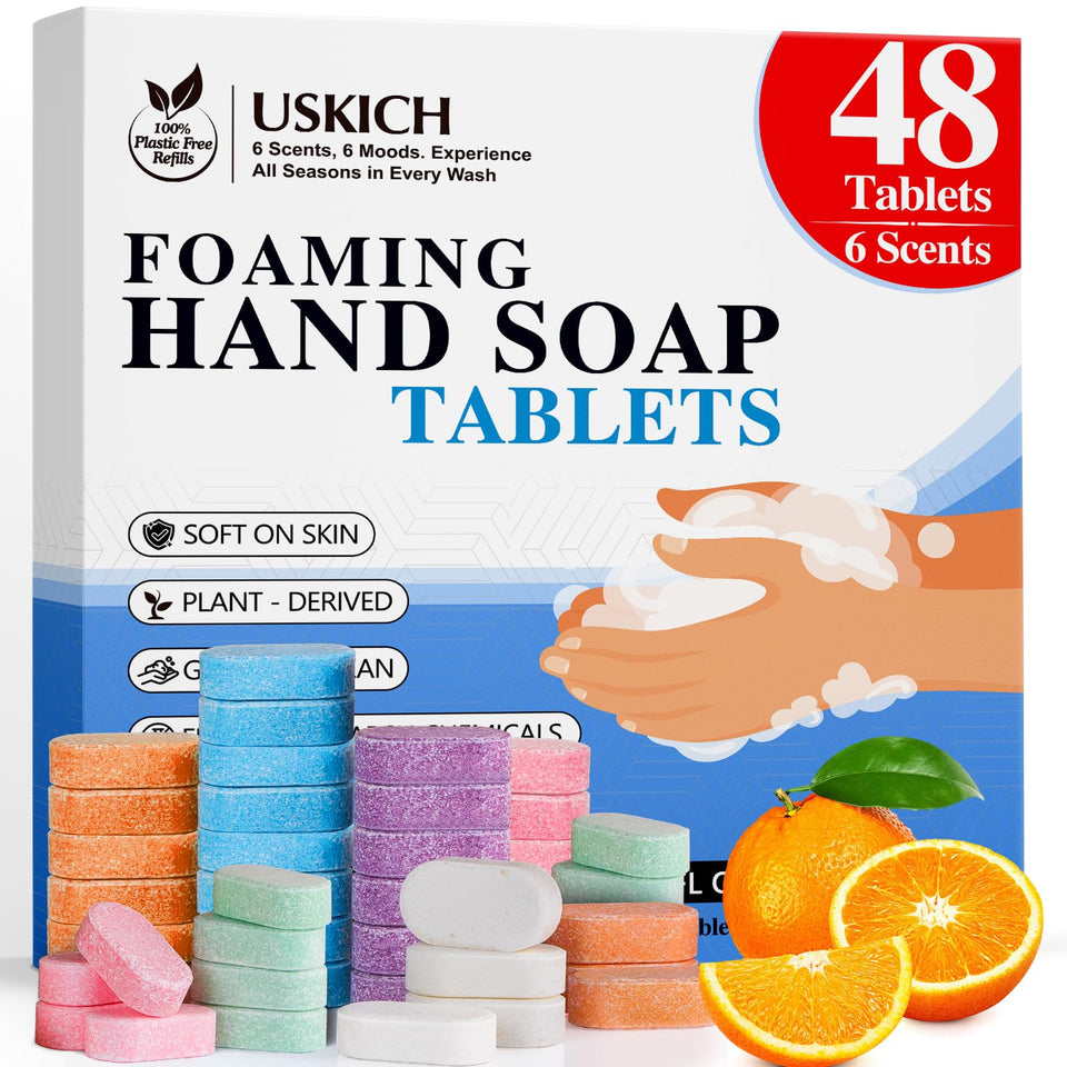 USKICH front packaging showing 48 tablets and variety scents, highlights eco benefit