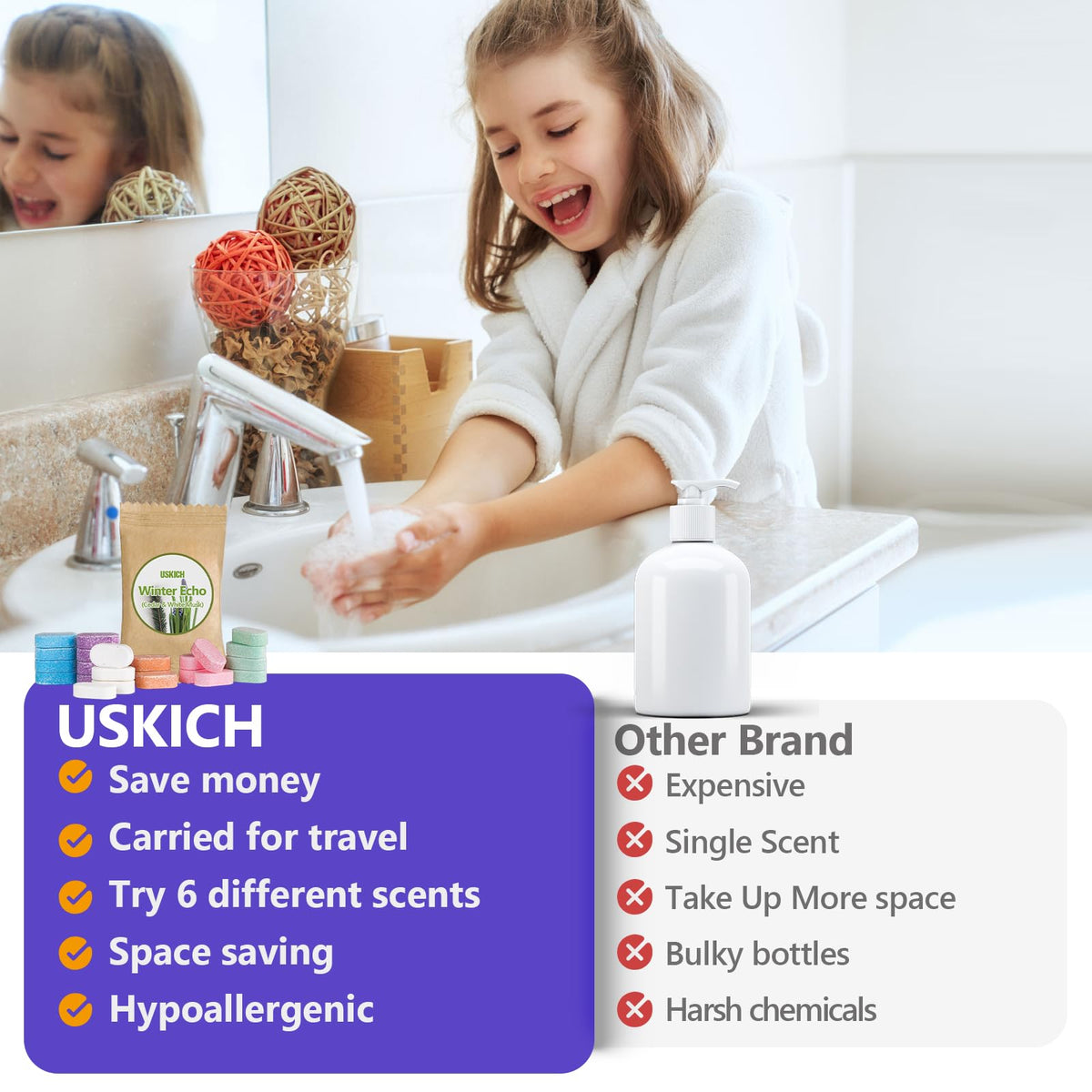 USKICH tablet next to hand for scale, communicates compact, travel-friendly benefit
