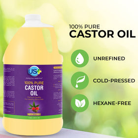 US+ castor oil close-up drop highlighting rich texture and moisturizing benefit