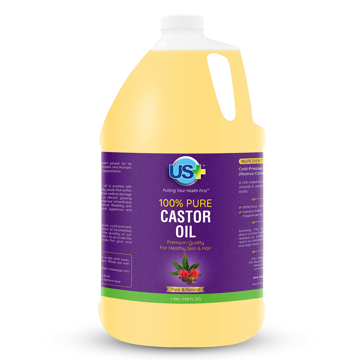 US+ castor oil gallon bottle front view showing packaging and purity benefit