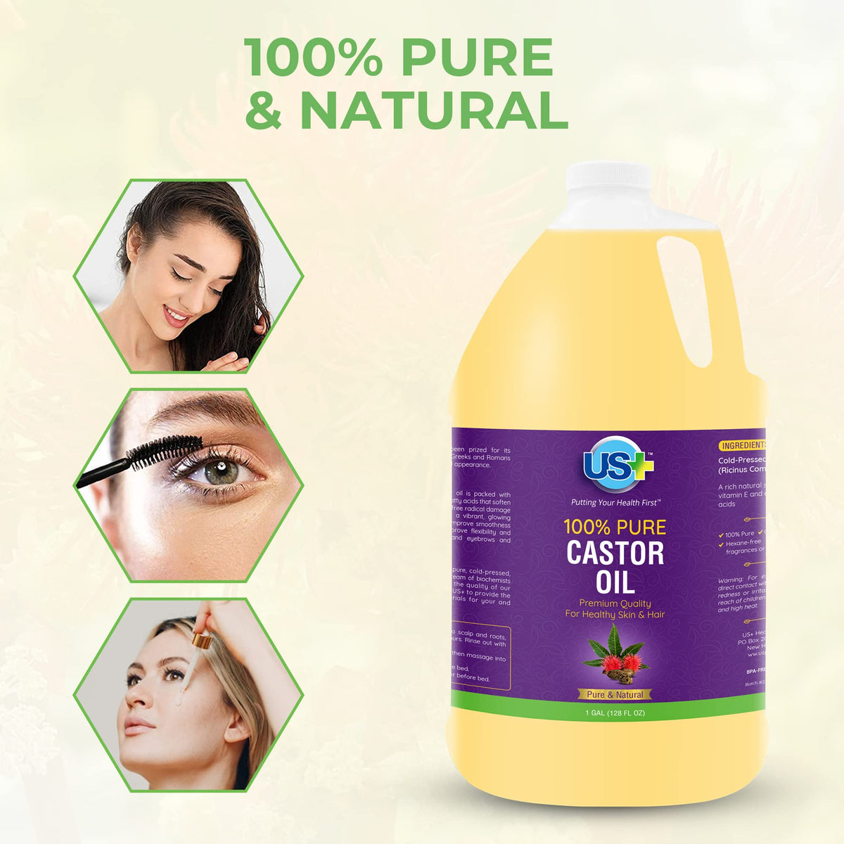 US+ castor oil applied to hair demonstrating conditioning and shine benefit