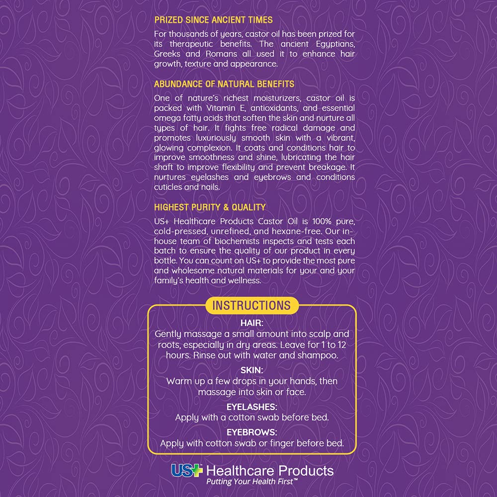 US+ castor oil label close-up displaying USP grade and ingredient clarity benefit
