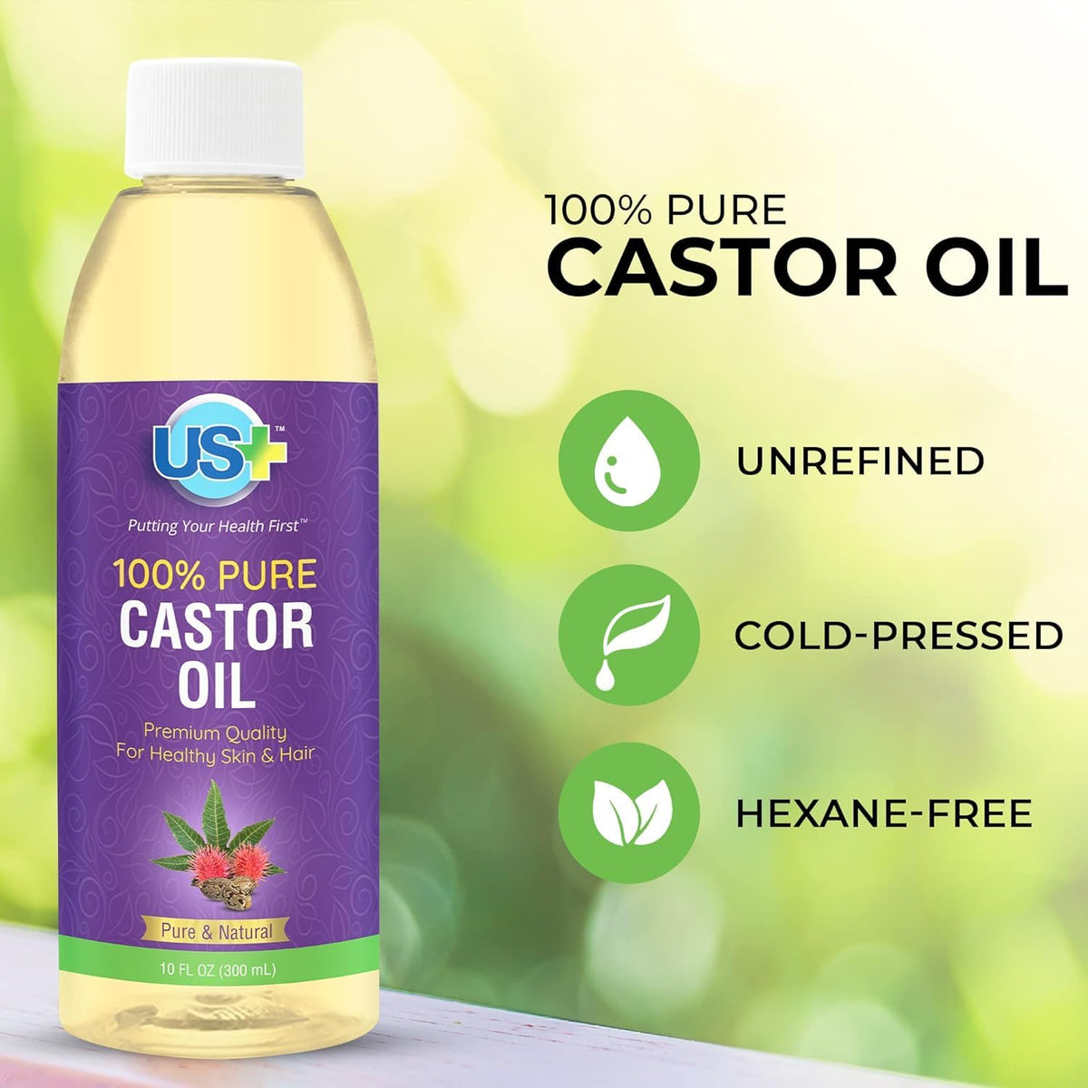 US+ castor oil droplet pouring from bottle for easy application