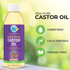 US+ castor oil droplet pouring from bottle for easy application