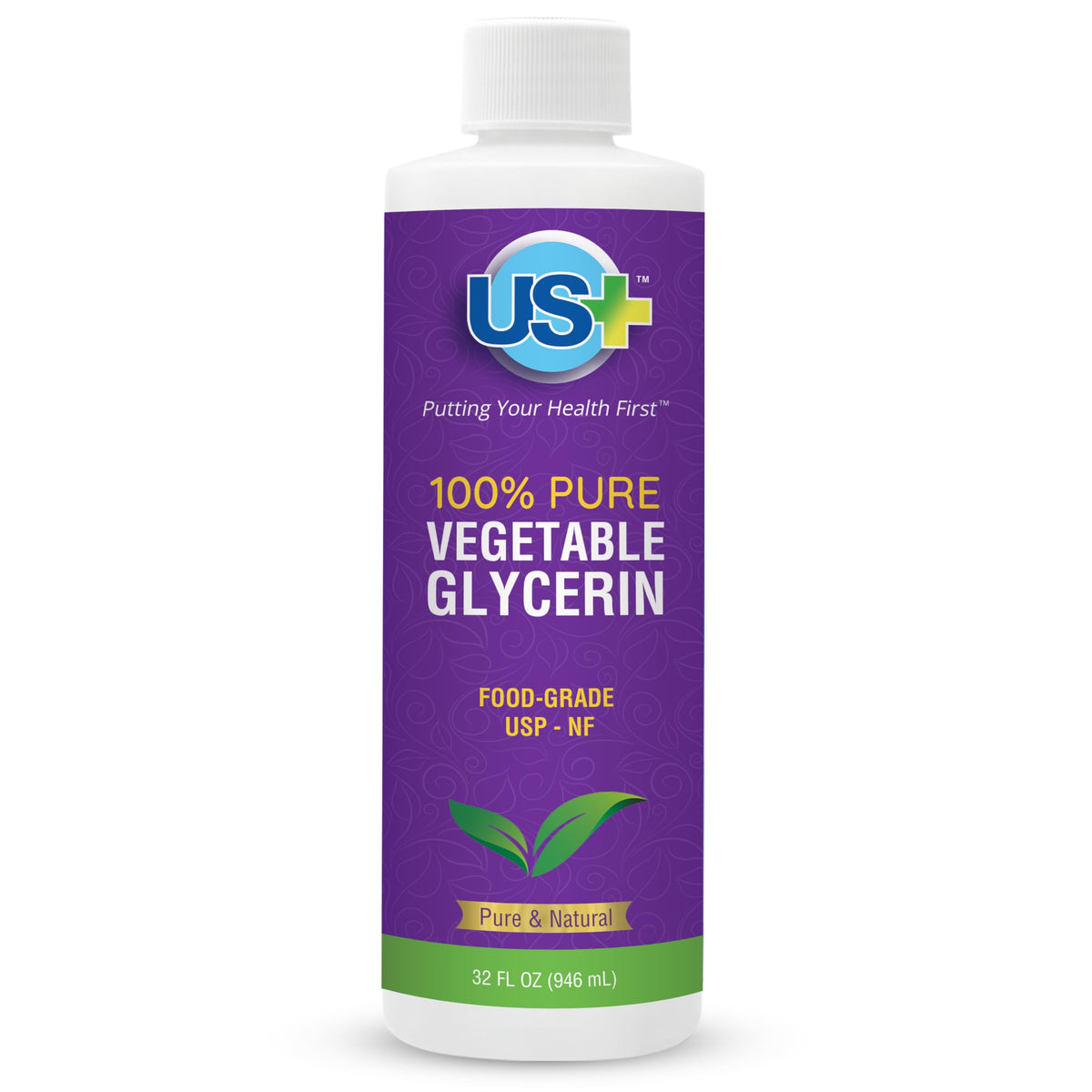 US+ front label on 32oz bottle showing purity and USP grade benefits