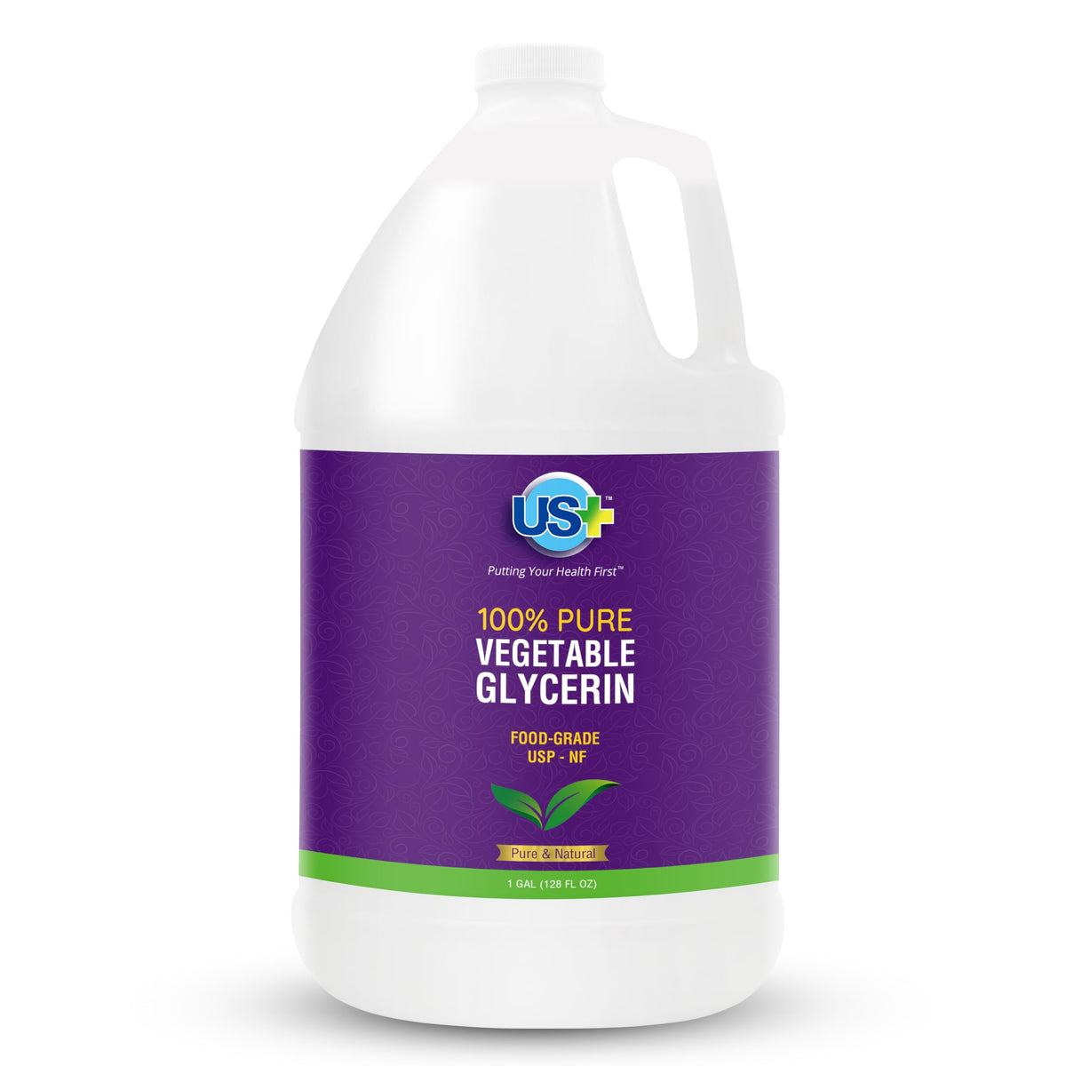US+ front packaging showing one-gallon bottle and clean label, high-purity visible
