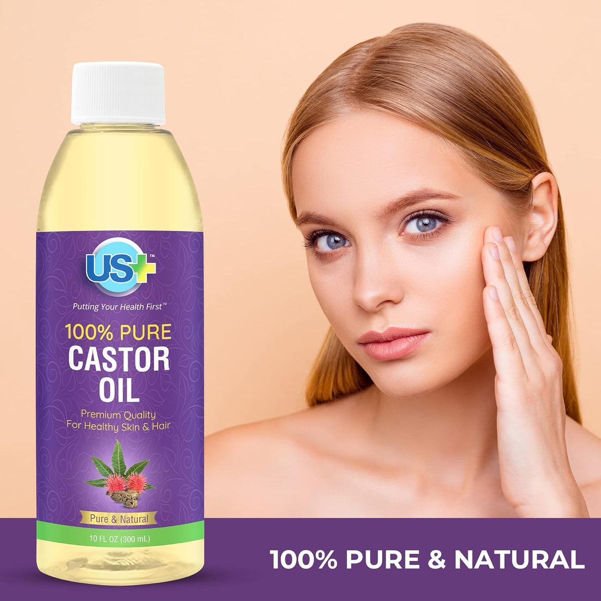 US+ bottle next to castor seeds highlighting cold-pressed source