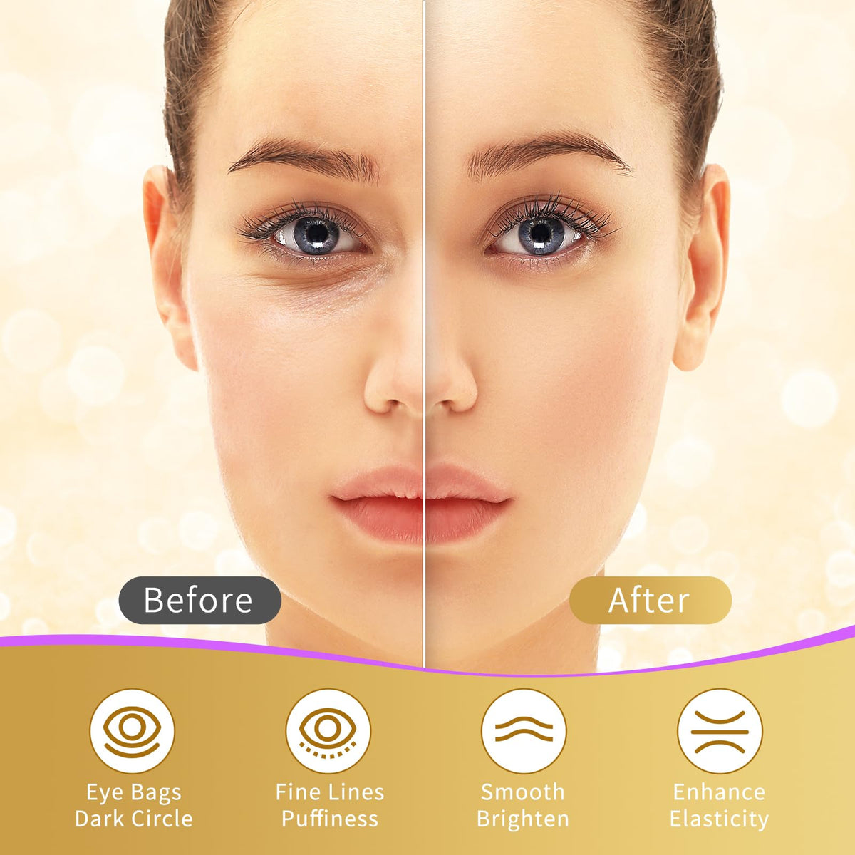 USTELIR patches applied under-eye on model demonstrating instant refresh
