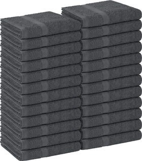 Utopia Towels front packaging showing 24 grey salon towels and practicality