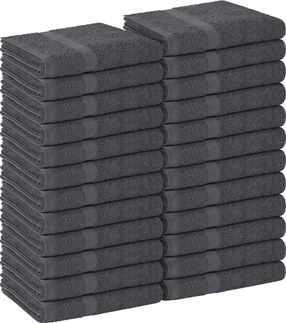 Utopia Towels front packaging showing 24 grey salon towels and practicality
