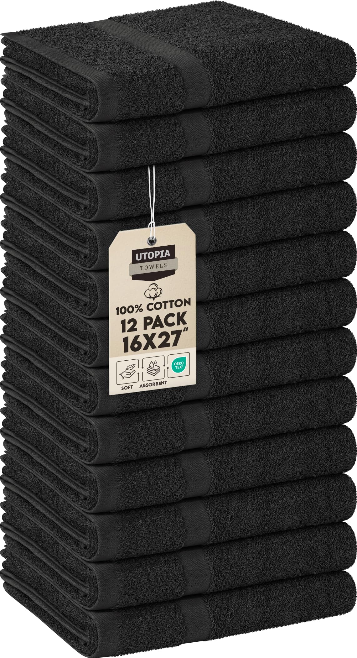 Utopia Towels front packaging showing 12 black salon towels and benefit professional readiness