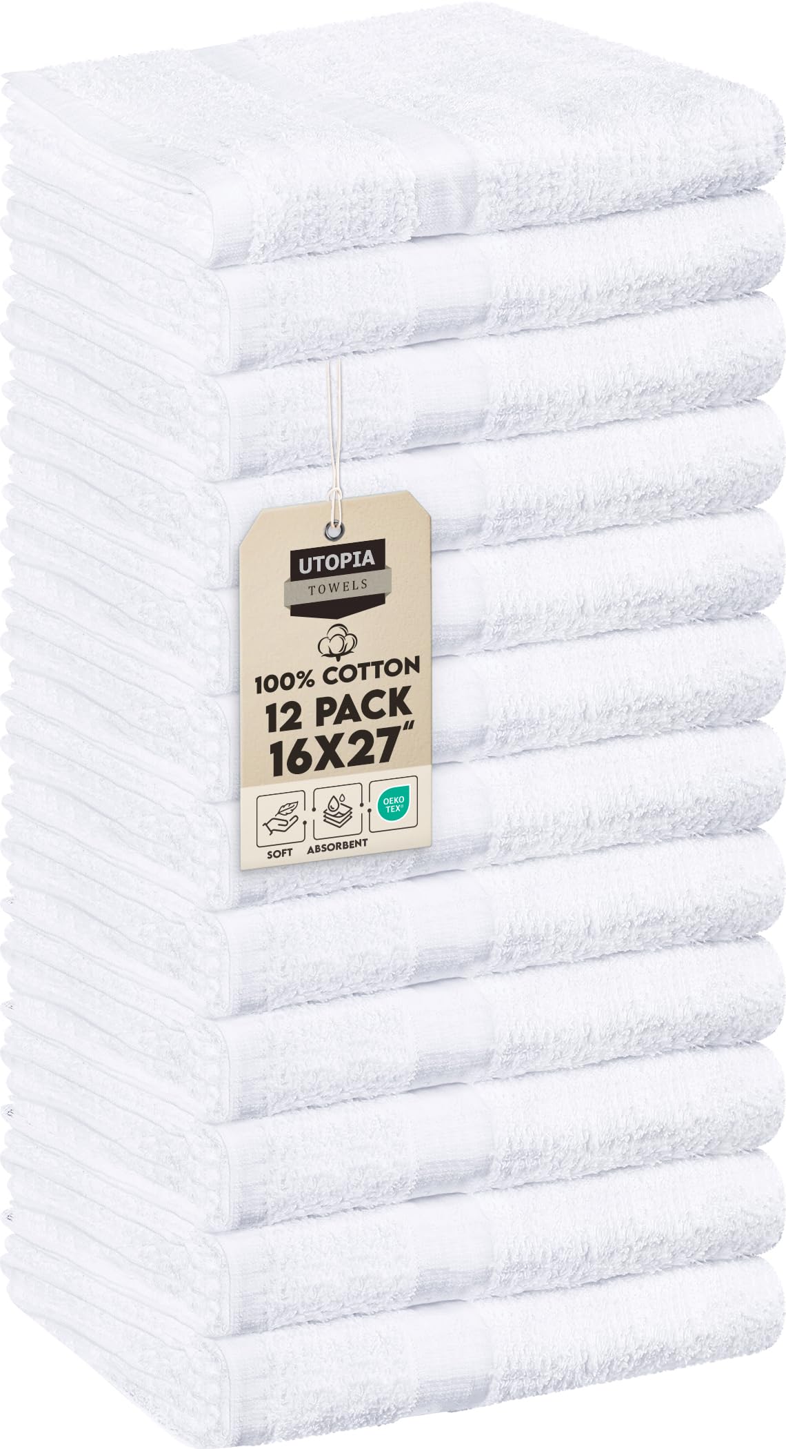 Utopia Towels front packaging showing 12 white salon towels and clear quantity benefit