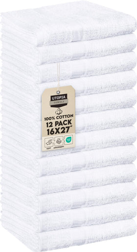 Utopia Towels front packaging showing 12 white salon towels and clear quantity benefit