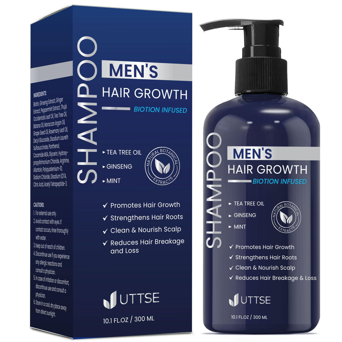 Uttse dark blue bottle front view showing brand and thickening shampoo benefits