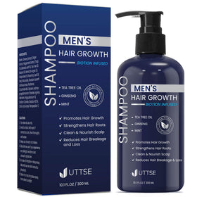 Uttse dark blue bottle front view showing brand and thickening shampoo benefits