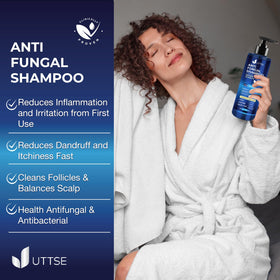 Uttse shampoo in use massaged into scalp to reduce flakes