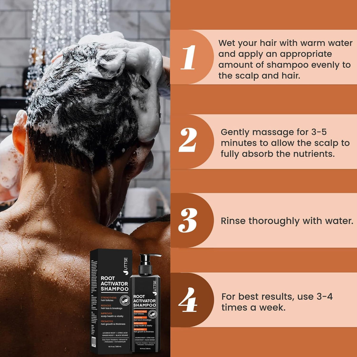 Uttse bottle in shower being applied to scalp for daily use benefit